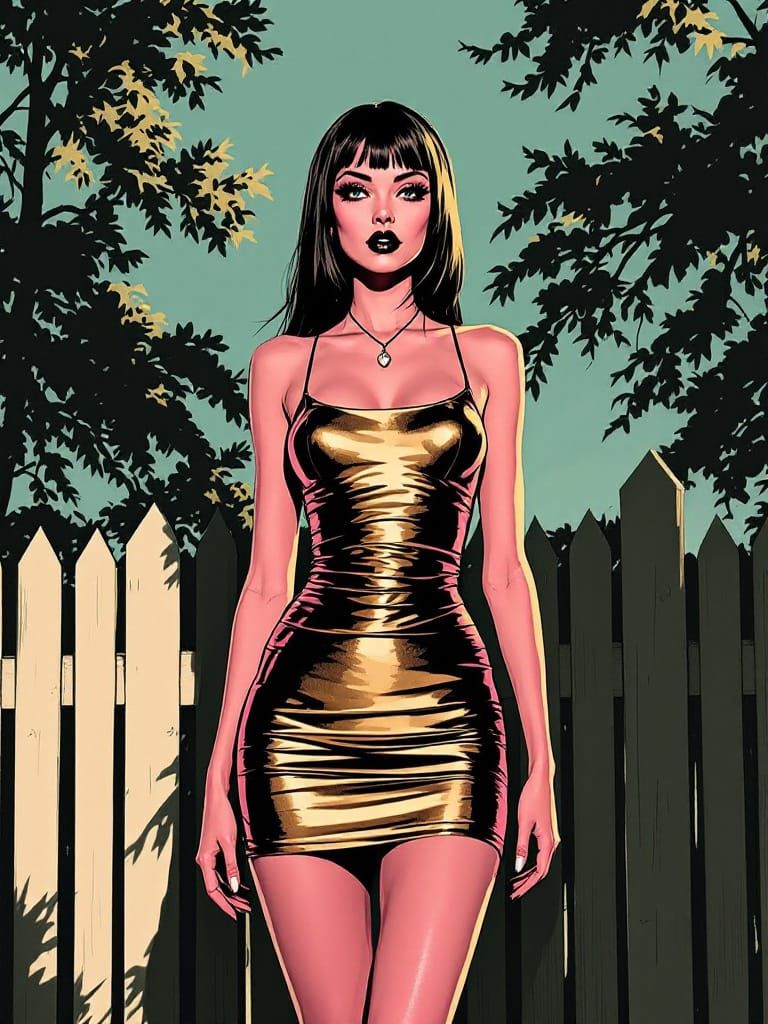 Suburban Gothic Pin-Up in Metallic Gold Sundress