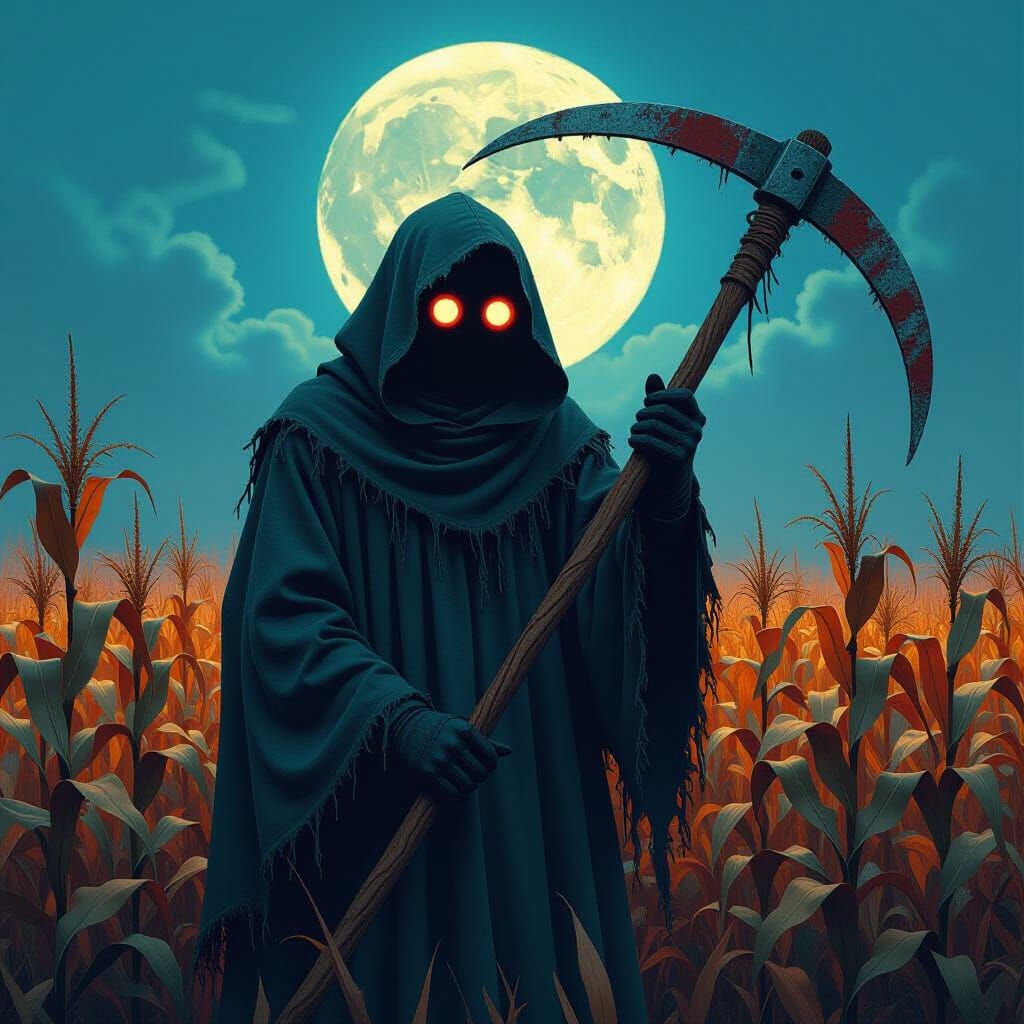 Ghostface Scarecrow in Moonlit Cornfield, Graffiti Art