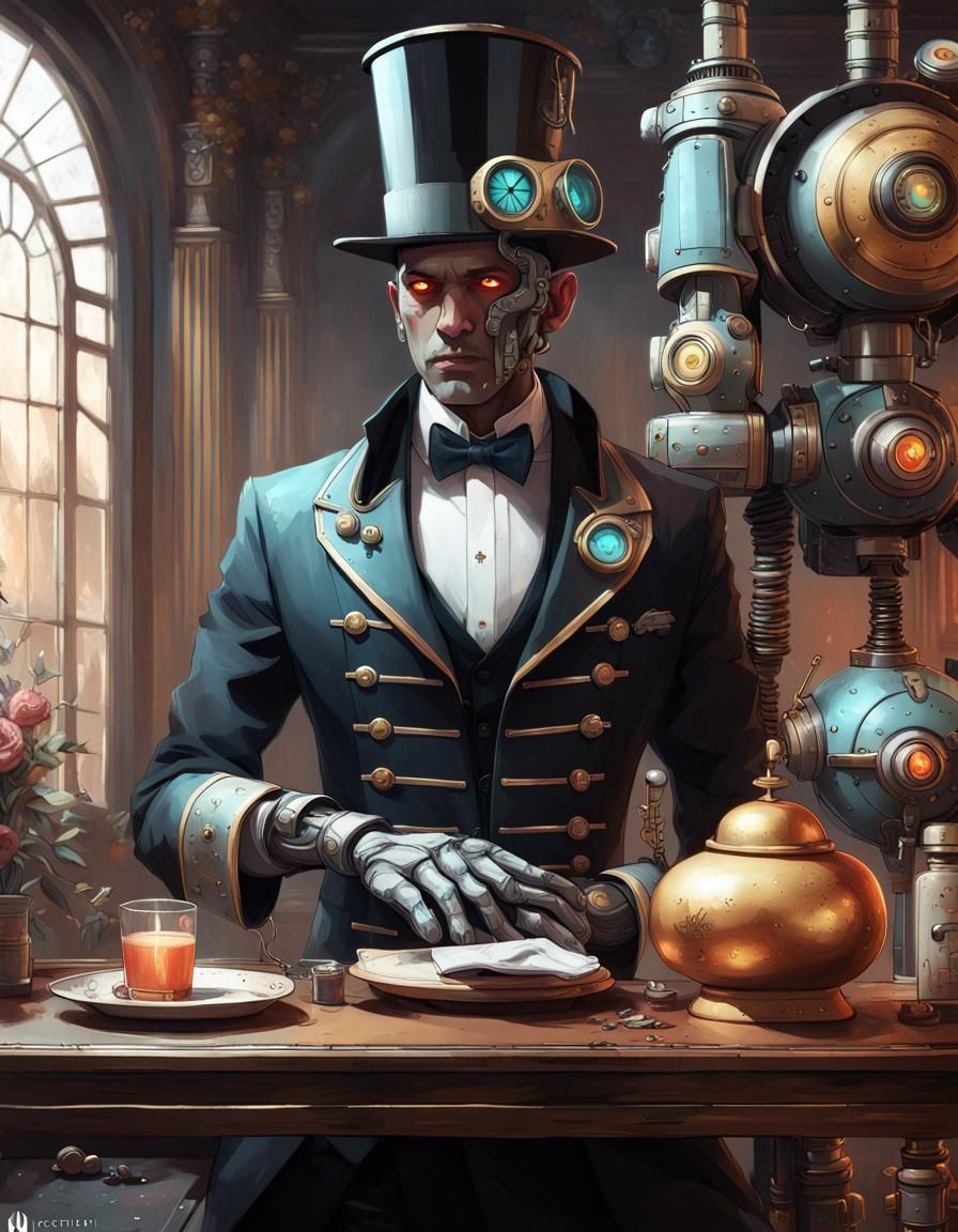 Anime Robot Butler Portrait in Detailed Fantasy Art