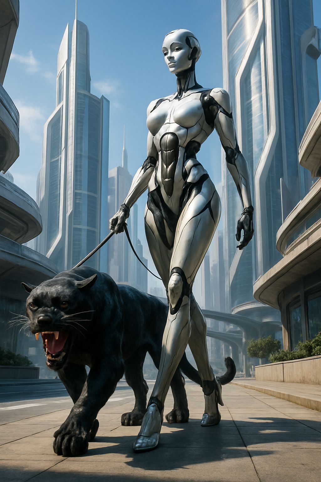 Futuristic City Street Scene with Biobot and Panther