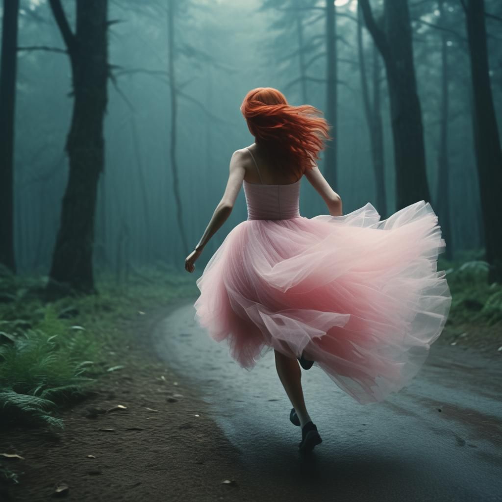 Red-Haired Woman Running in Pink Tulle: Cinematic Fantasy