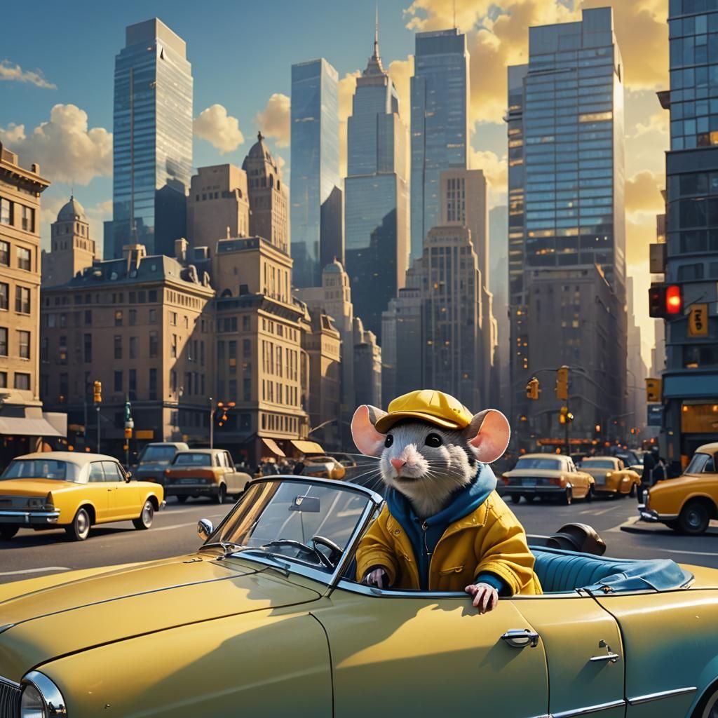 Mouse in Yellow Hat Leaning on Car, Pixar Style