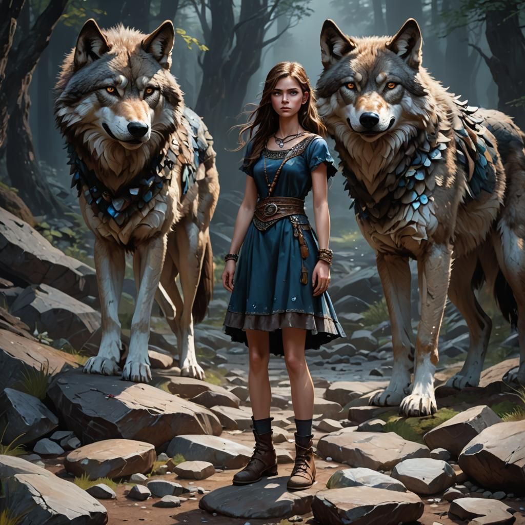 Girl in Rock Dress with Wolf, Dark Fantasy Art