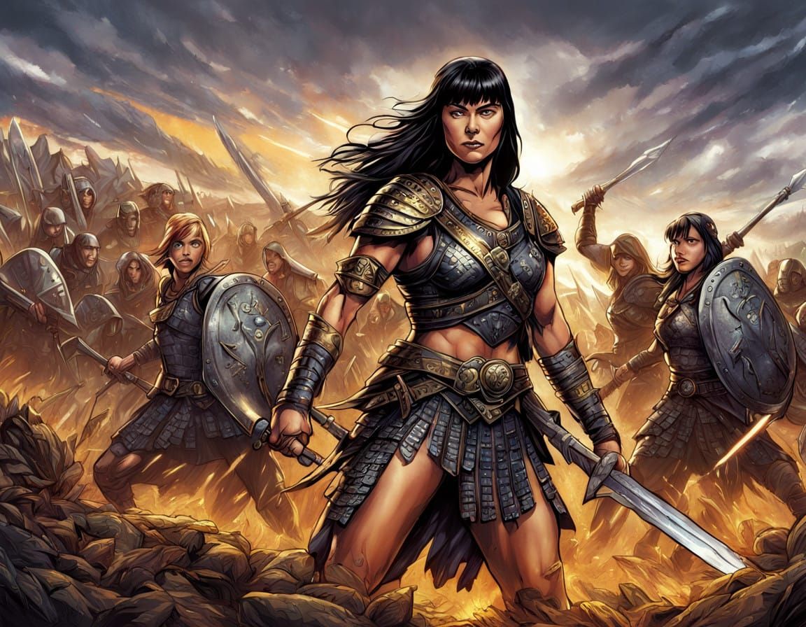 Epic Warrior Princess on a Battle-Torn Landscape in Hyperrea...