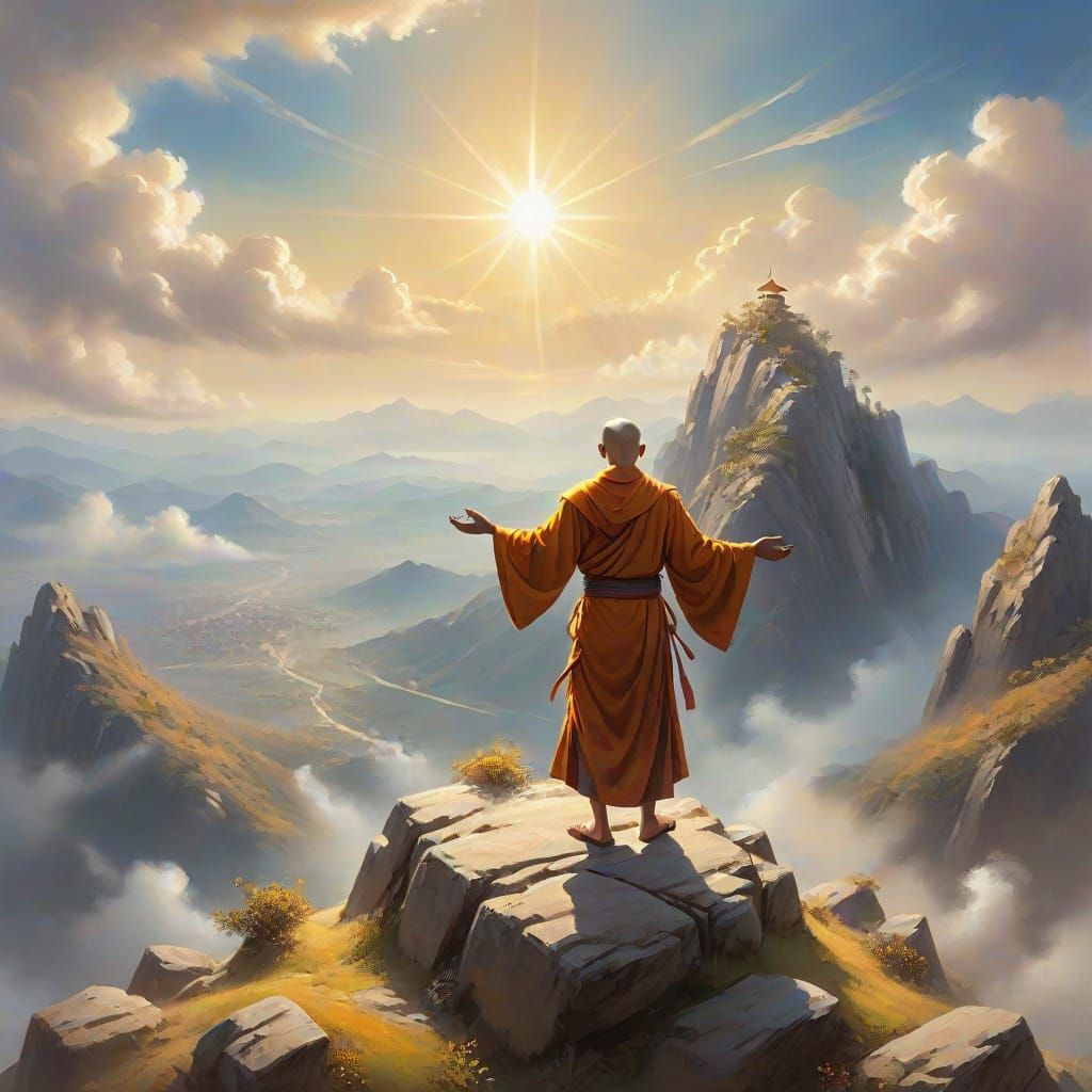 Monk on Mountain Top in Ethereal Oil Painting Style