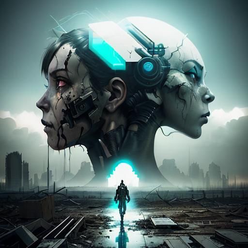Cyborg in Apocalyptic World: Double Exposure Art