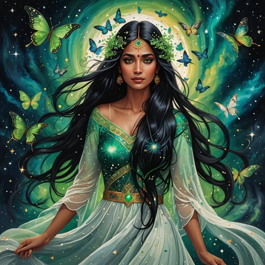 South Asian Woman Portrait with Galaxy Eyes, Anime Art