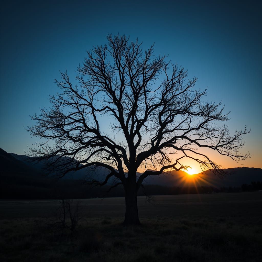 Bare Tree in Field at Sunset: Contemplative Photography