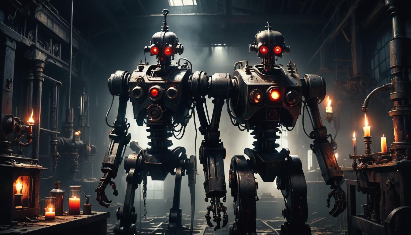 Gothic Steam-Powered Robot in Abandoned Lab