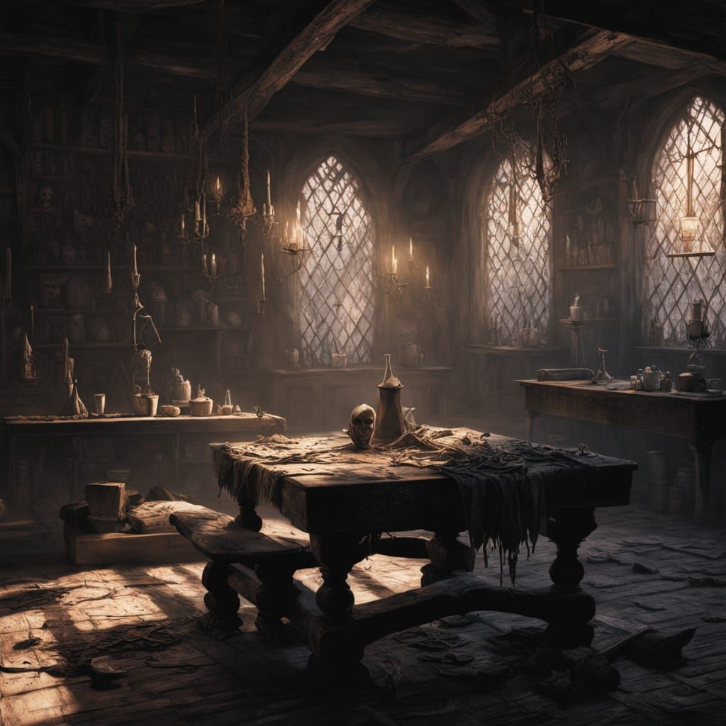 Skeletal Figure in Desolate Ancient Tavern