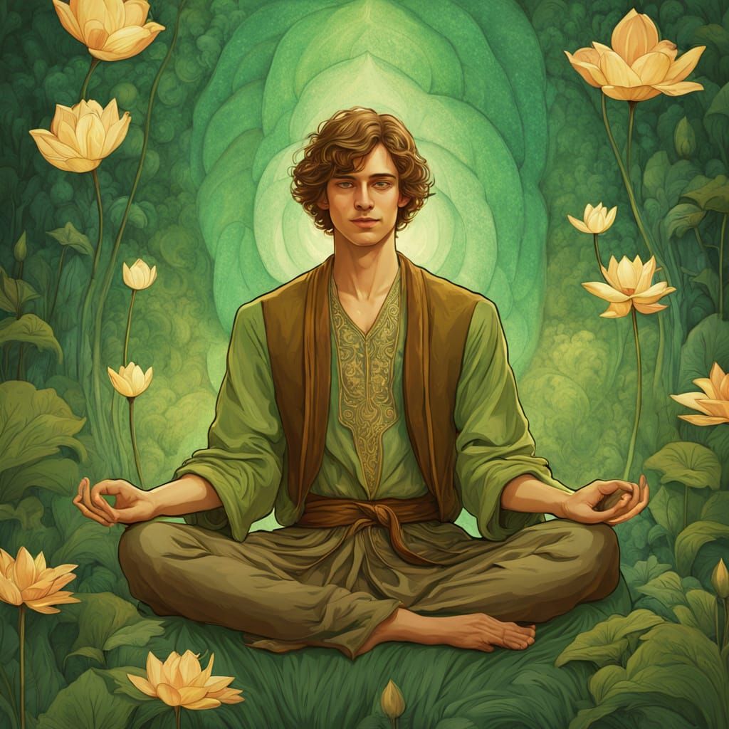 Bohemian Man Meditating in Art Nouveau Forest