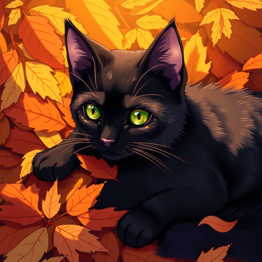 Black Cat in Autumn Leaves, Anime Style
