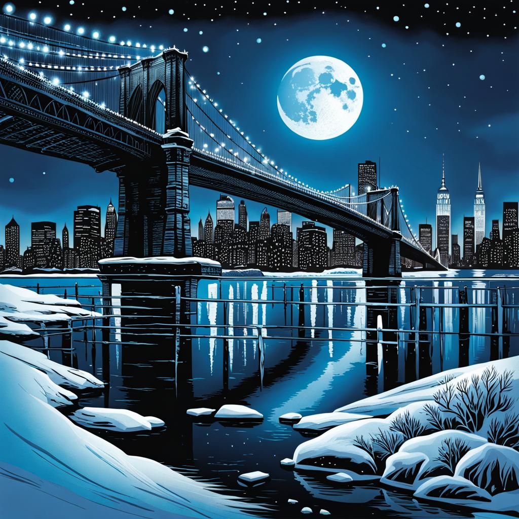 Frozen East River Winter Scene at Night