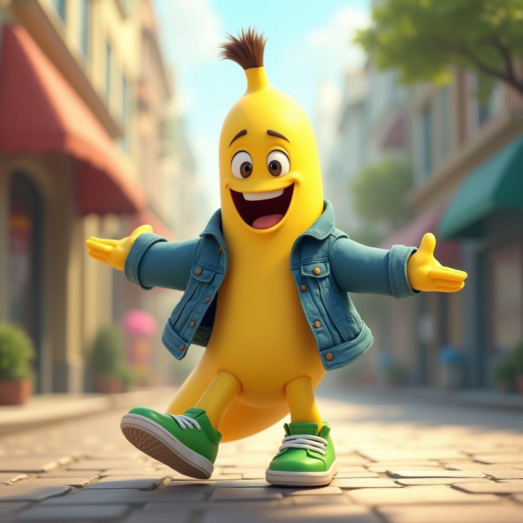 Vibrant Cartoon Banana Strolls Down City Street