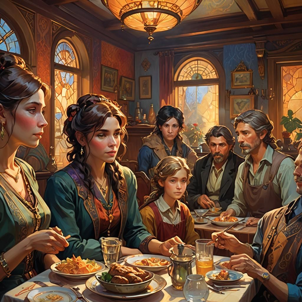 Cozy Family Dinner: Art Nouveau Oil Painting