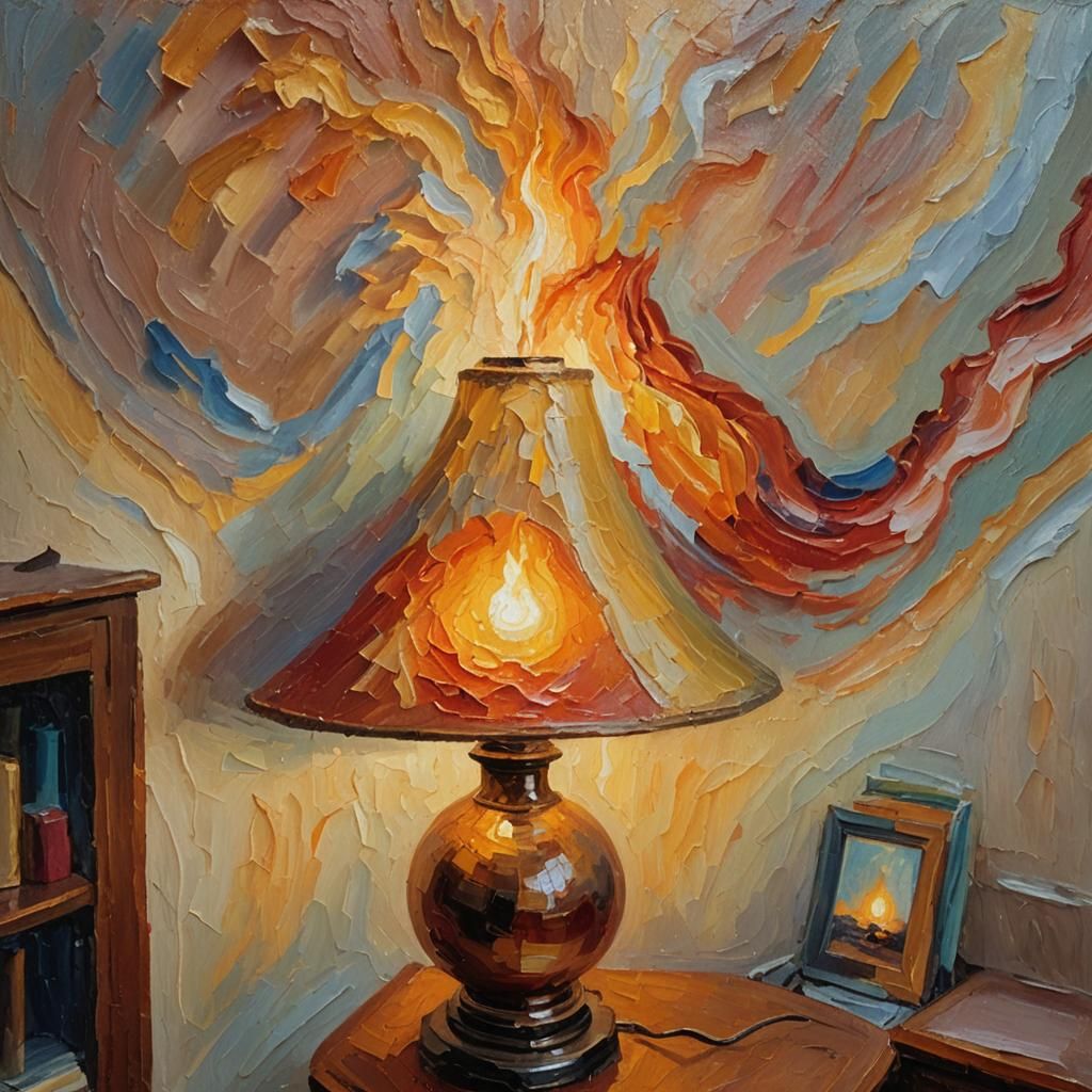 Lamp Volcano in Living Room: Neo-Impressionist Oil Painting