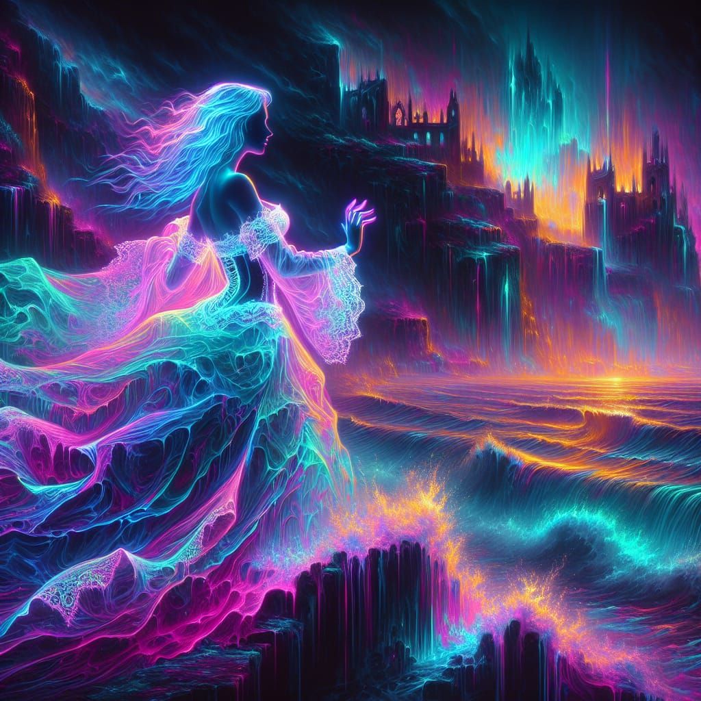 Vaporwave Gothic Vampire Goddess Amidst Neon Seascape