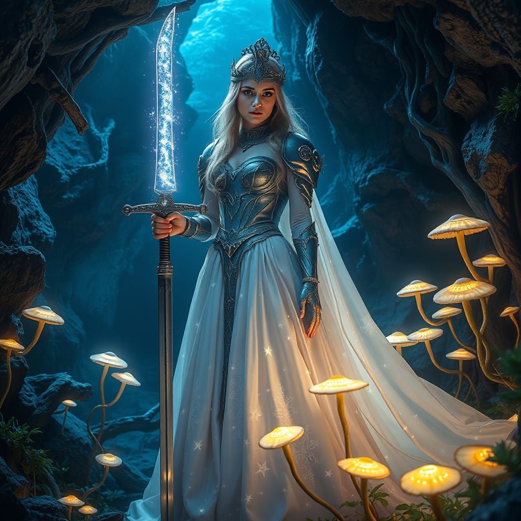 Regal Knight in Bioluminescent Grotto with Celestial Sword