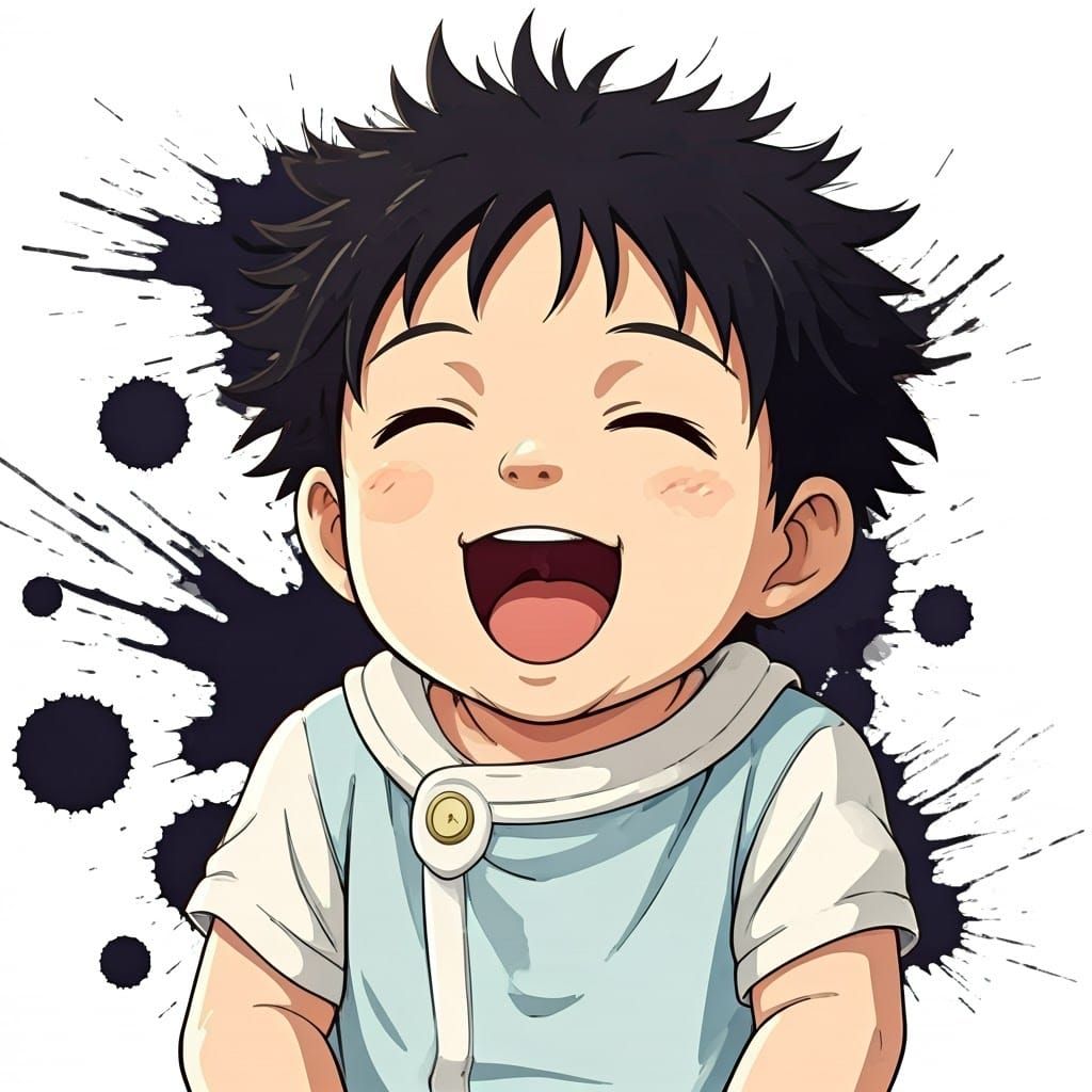 Anime Style Ink Illustration of Laughing Baby