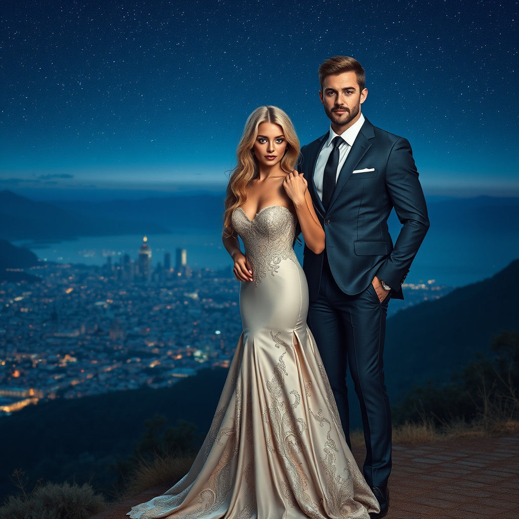 Champagne Gown and Navy Suit: City Night Dreamscape