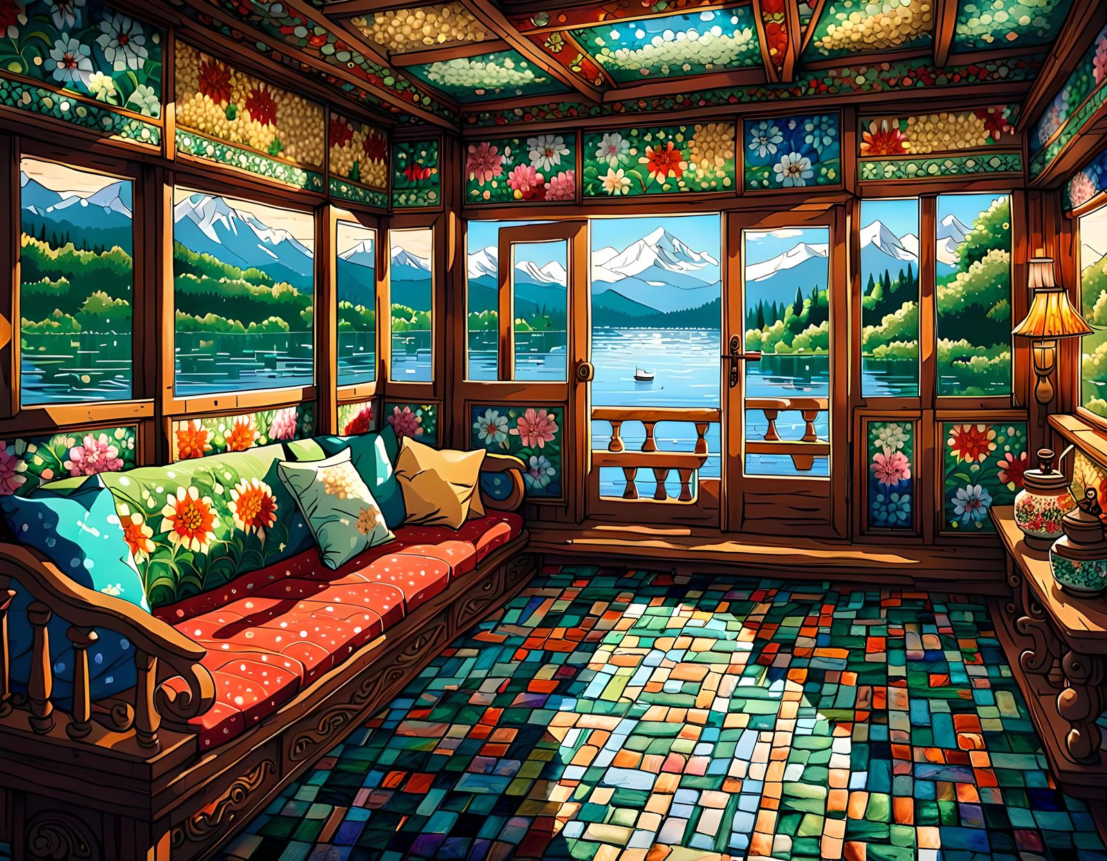 Cozy Houseboat on Kashmir Lake in Anime Style