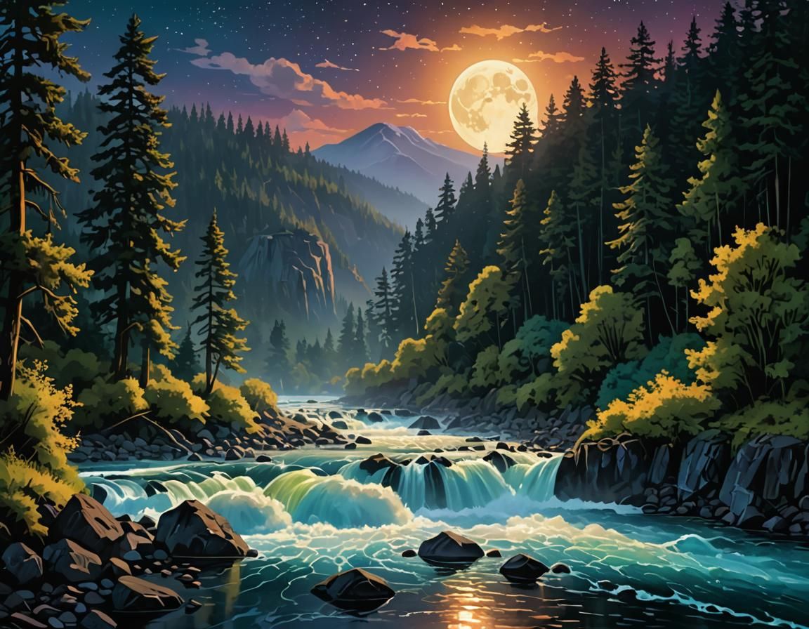Moonlit Santiam River in Art Deco Style