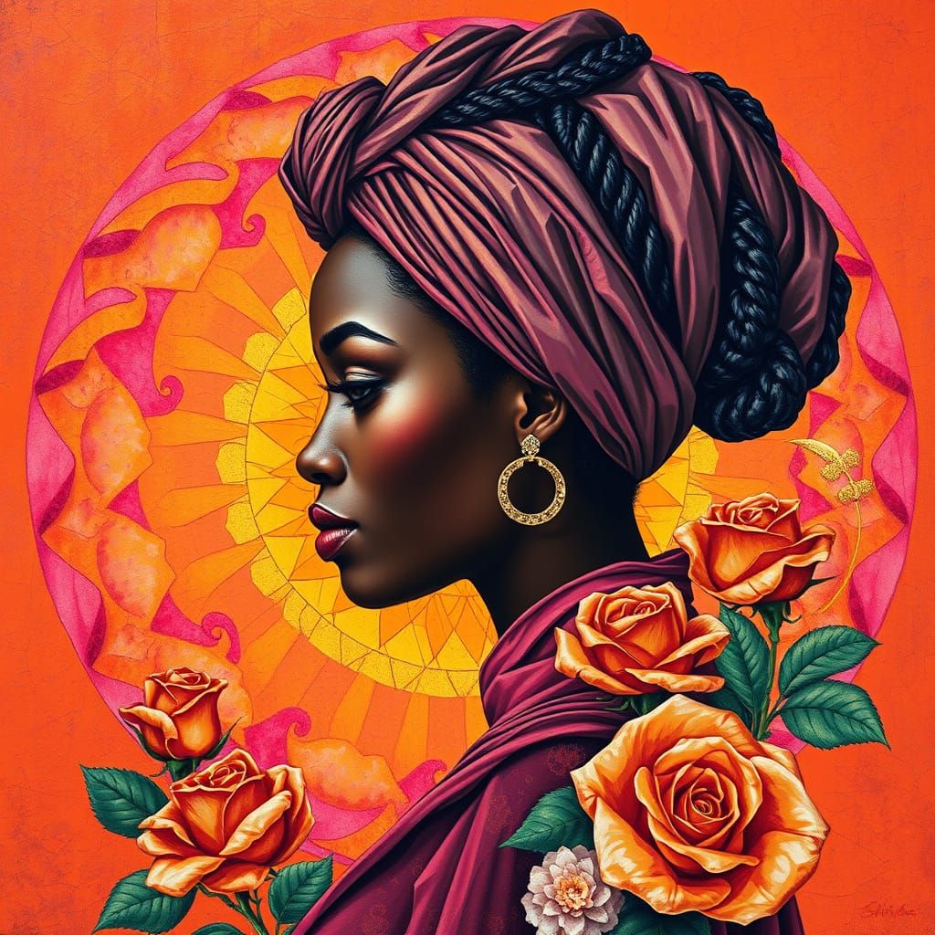 Vibrant Profile Portrait with Gold Leaf and Roses