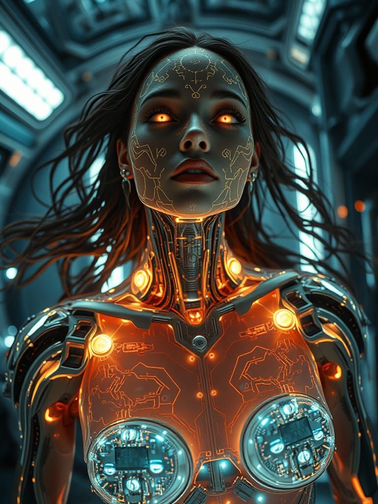 Biomechanical Cyborg Goddess in Futuristic Chamber