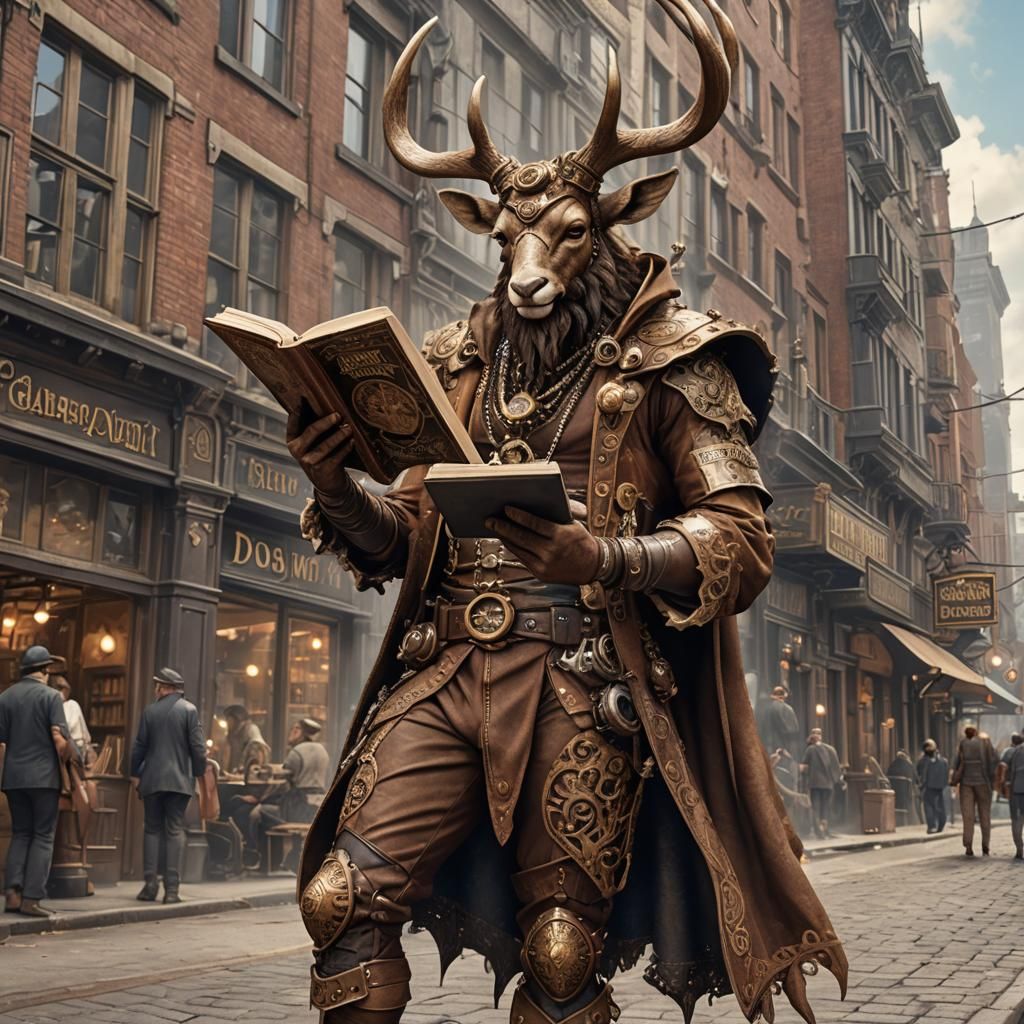 Steampunk Deer Satyr Reads on City Street