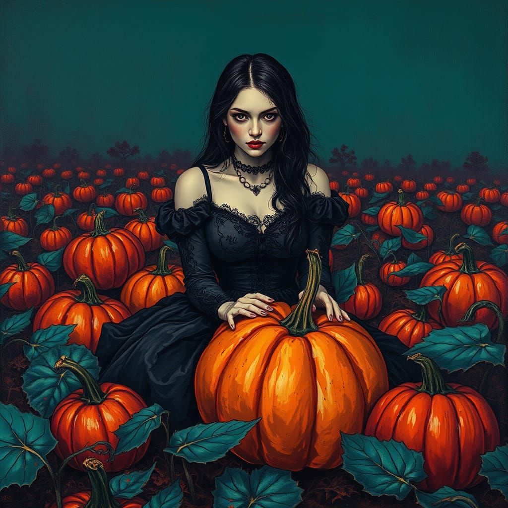 Gothic Woman in Pumpkin Patch Painting