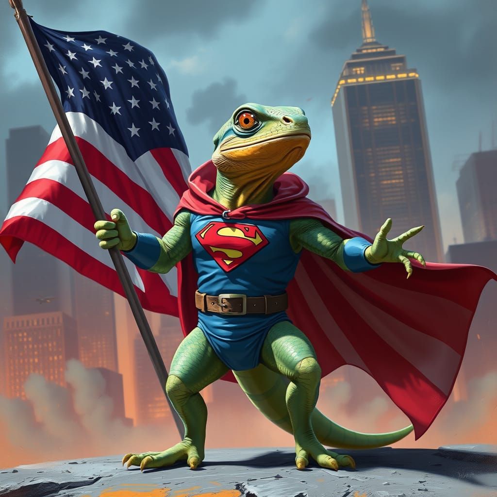 Superhero Iguana Saves the City in Sci-Fi Style