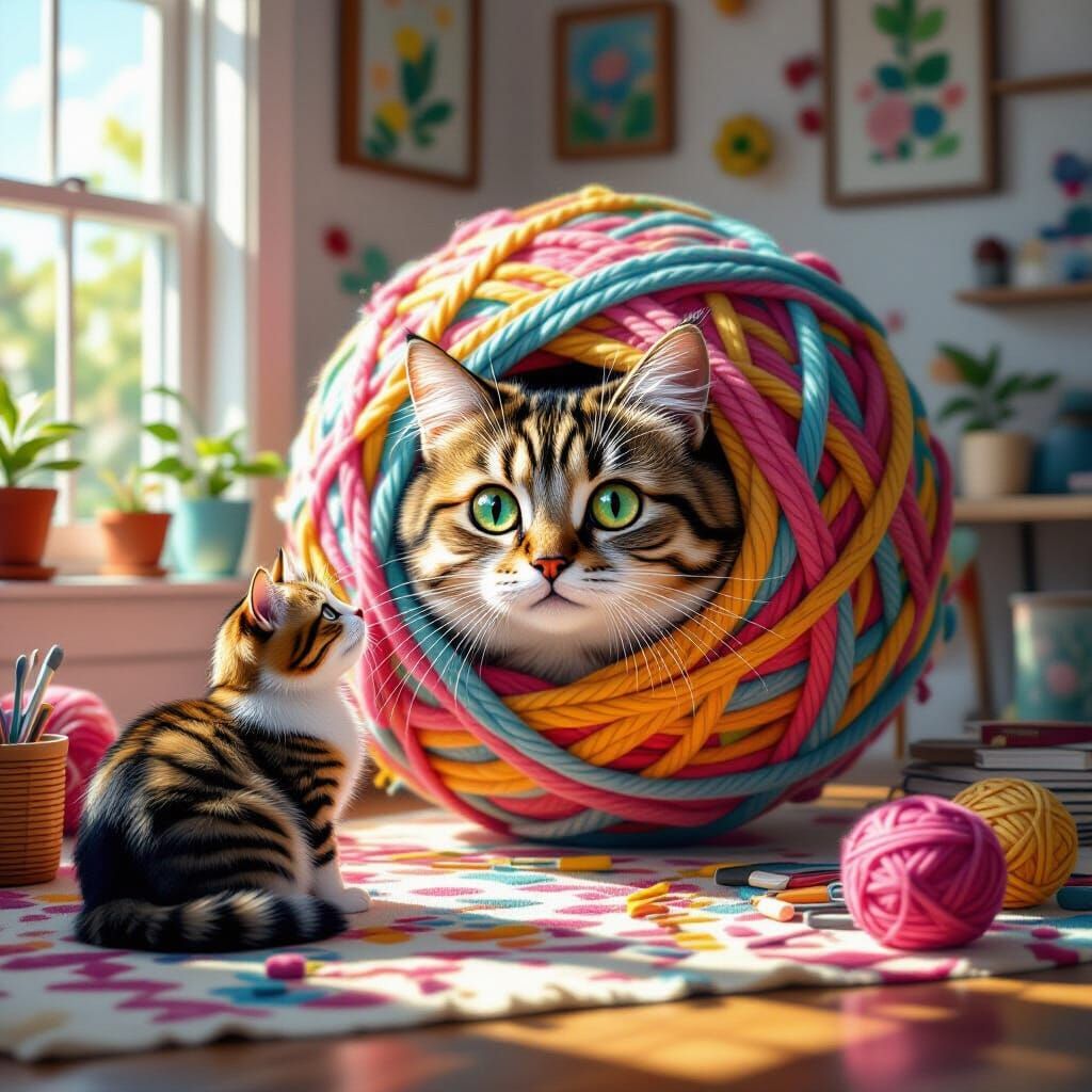 Cat Stares at Huge Yarn Ball in Colorful Room