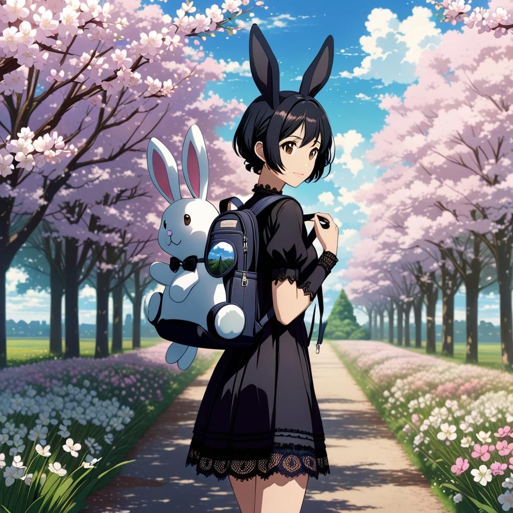 Cute Gothic Anime Girl with Rabbit Backpack