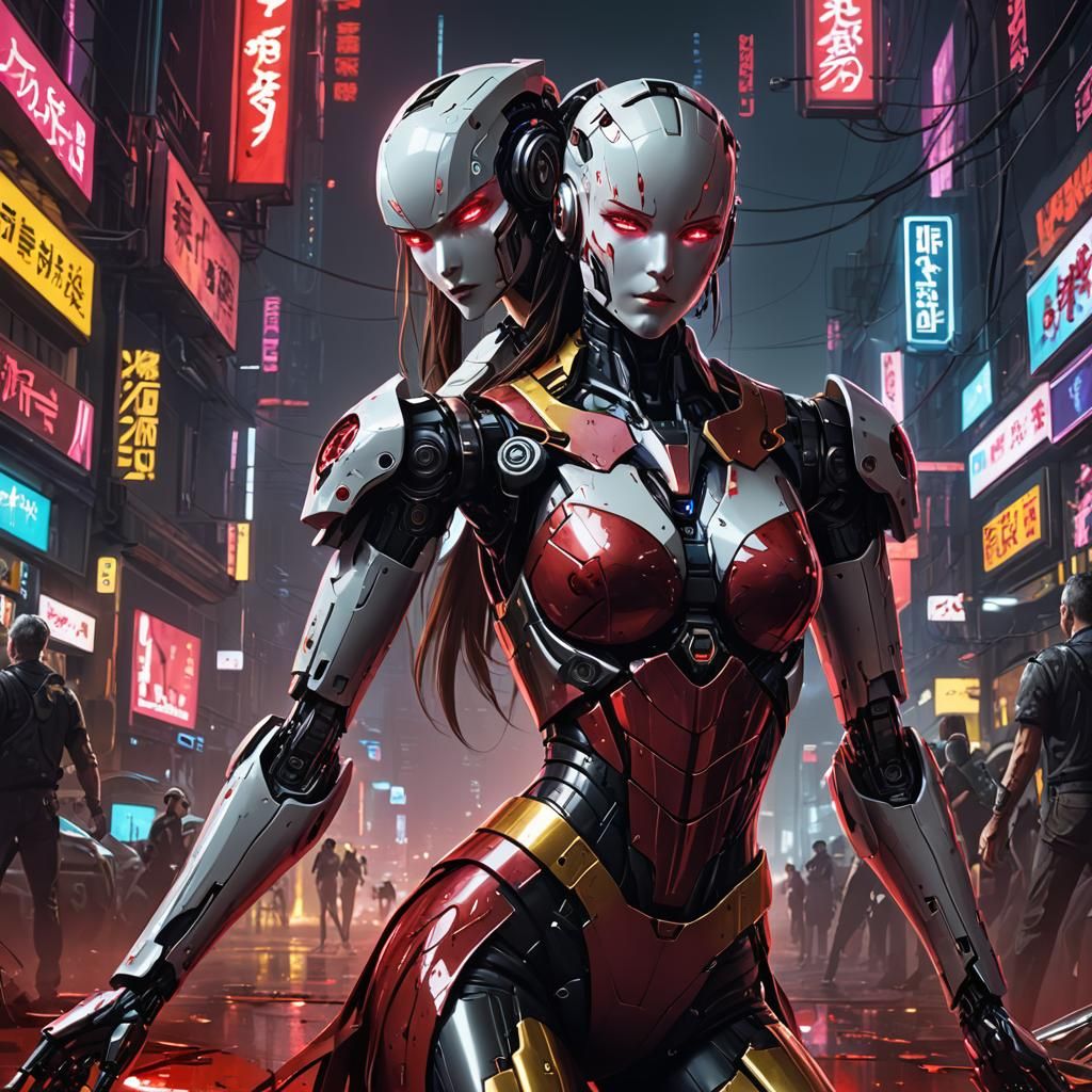 Cyberpunk Ballerina Robot in Neon Cityscape