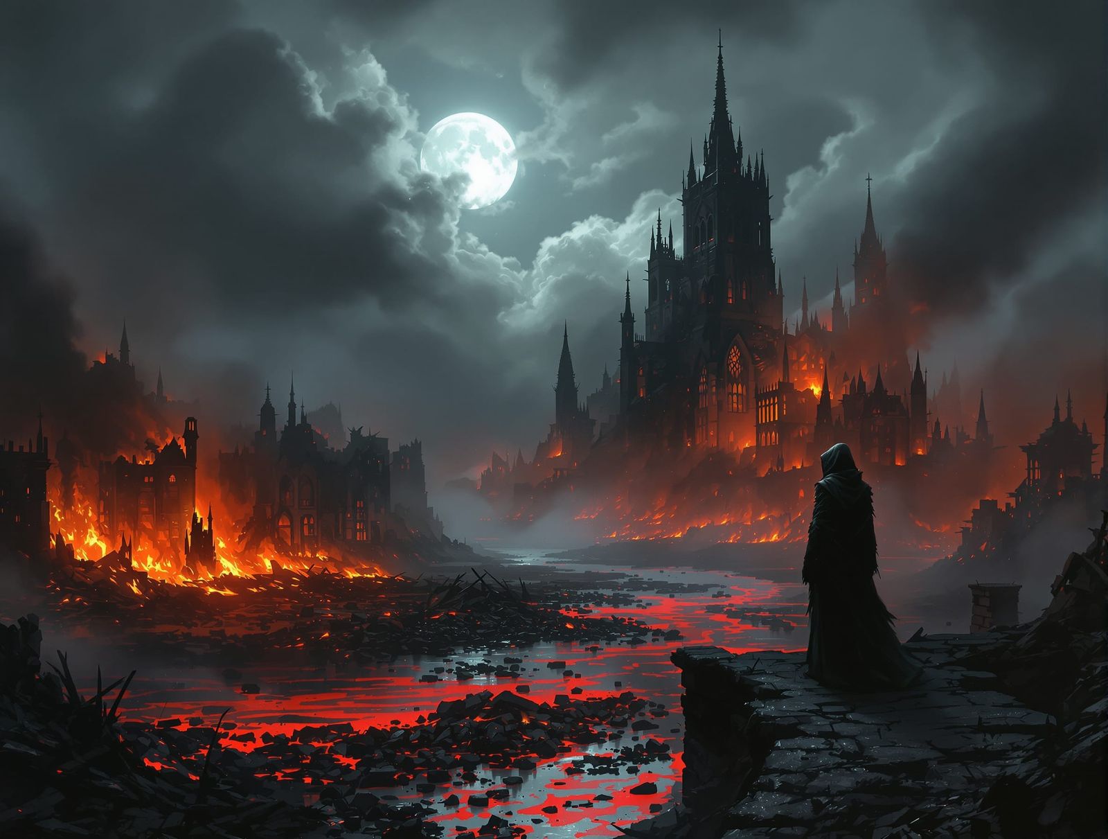 Devastated Gothic Architecture Beside Fiery River