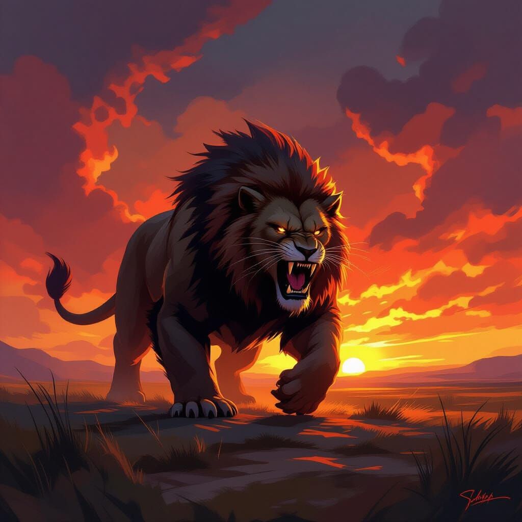 Roaring Creature in Fiery Landscape