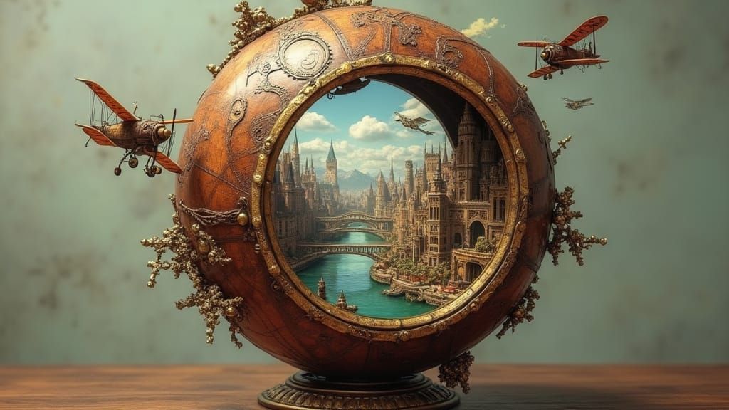 Steampunk Metropolis Inside Antique Globe