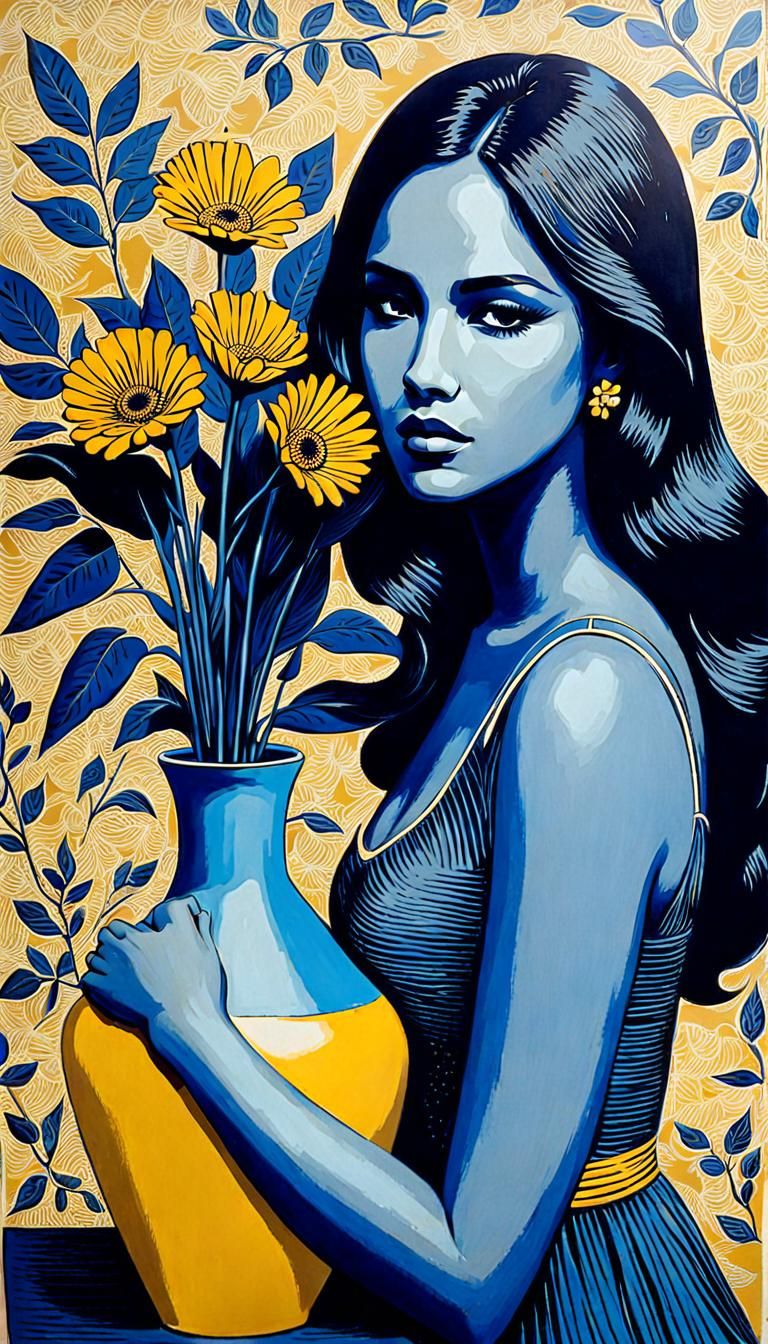 Mid century modern linoleum print of a beautiful young girl(Eiza Gonzalez) sit back at big blue vase with yellow flower,...