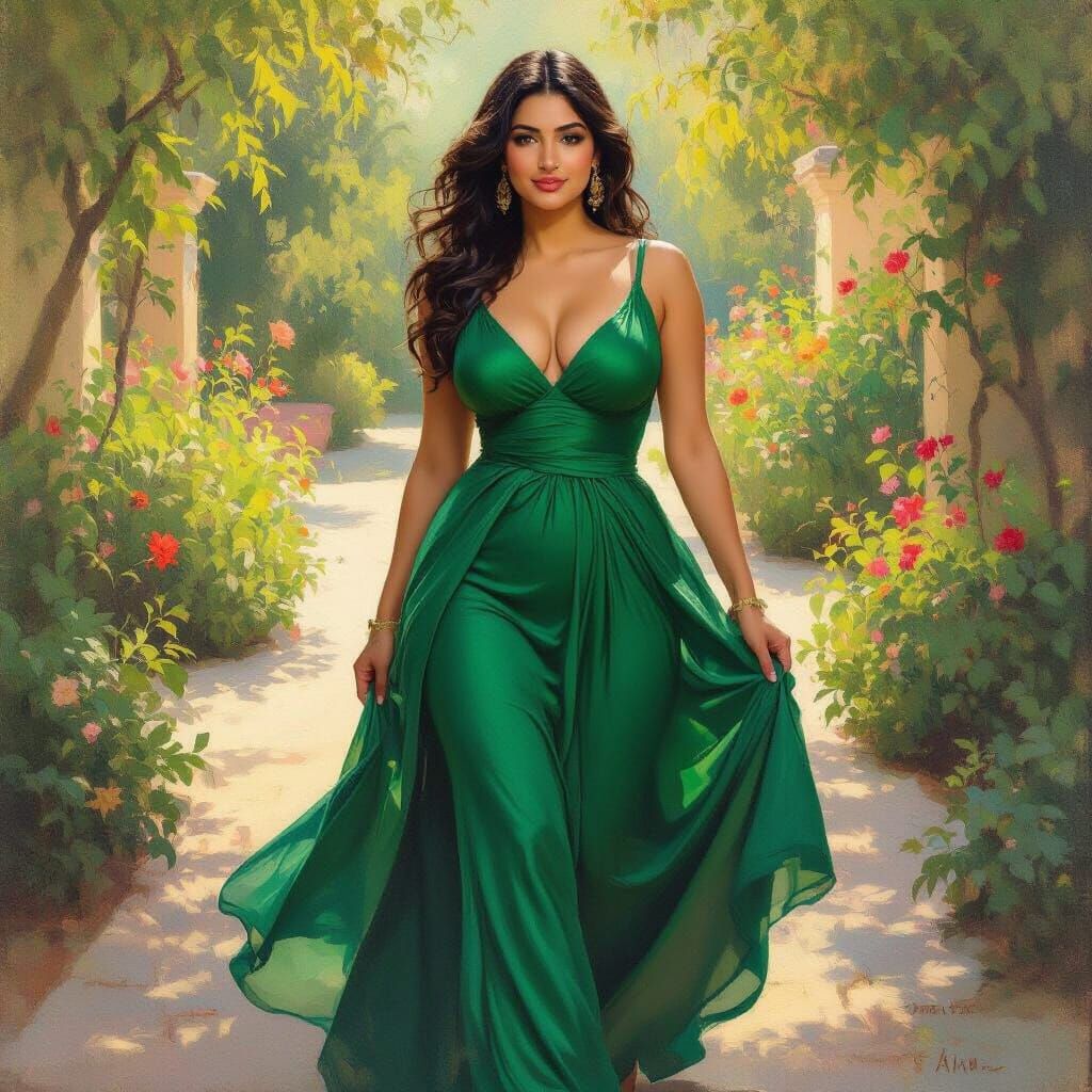 Curvy Woman in Emerald Dress, Impressionistic Oil Painting