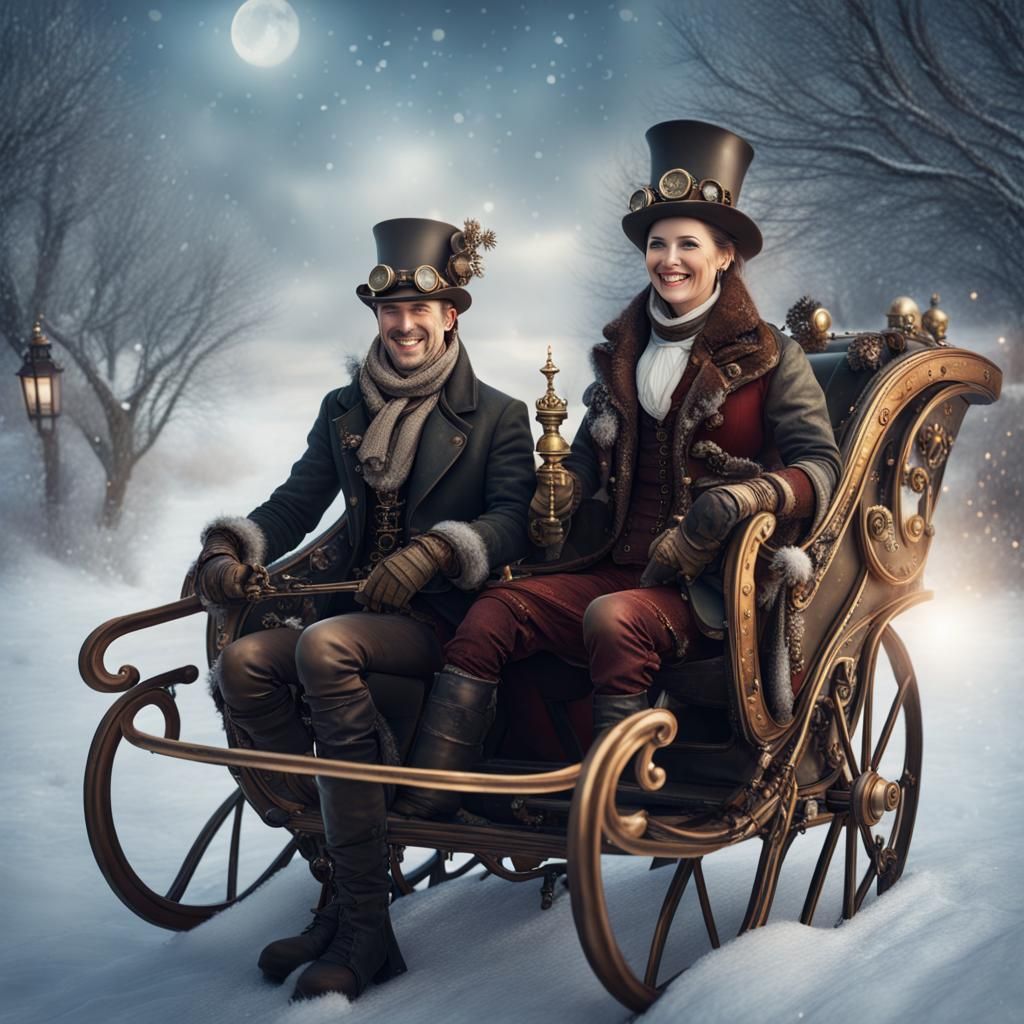 Steampunk Couple in Winter Sleigh, Snowy Landscape