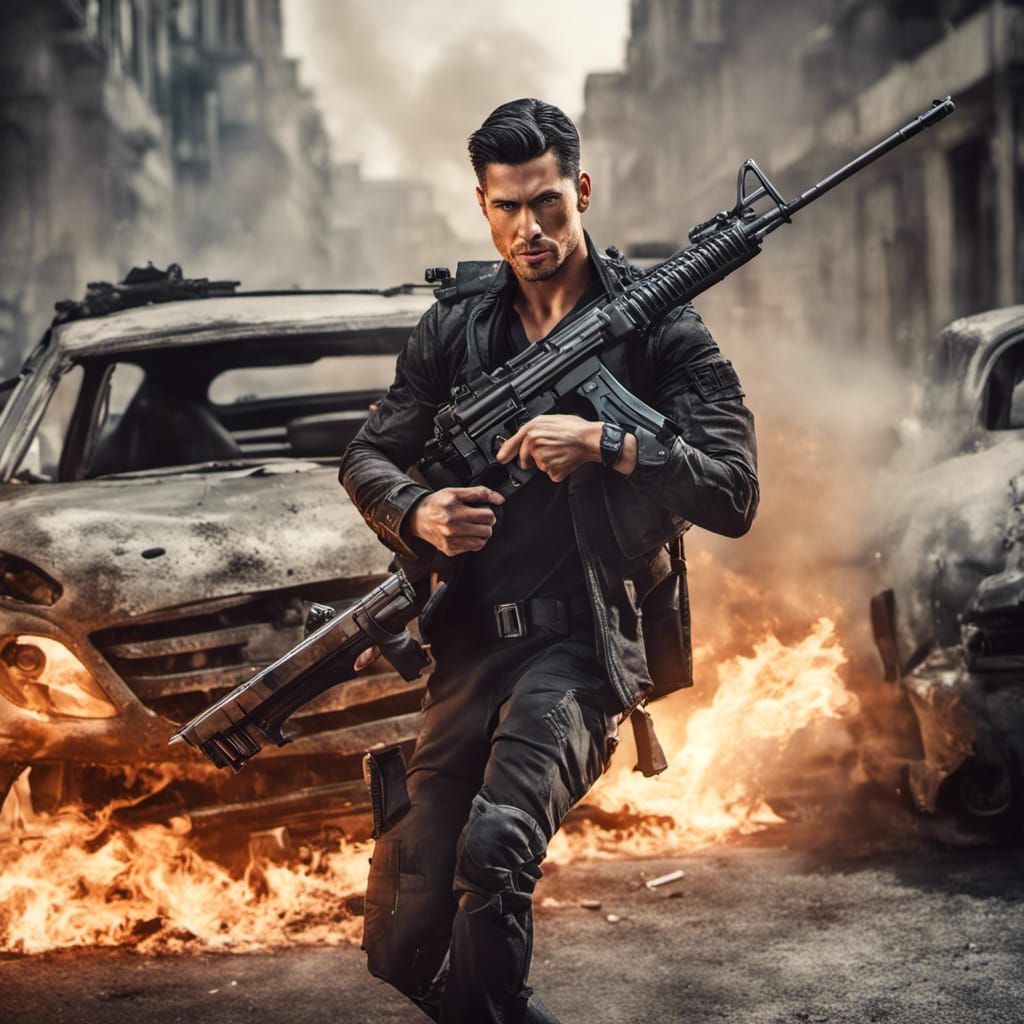 Hyperrealistic Secret Agent in Burning City