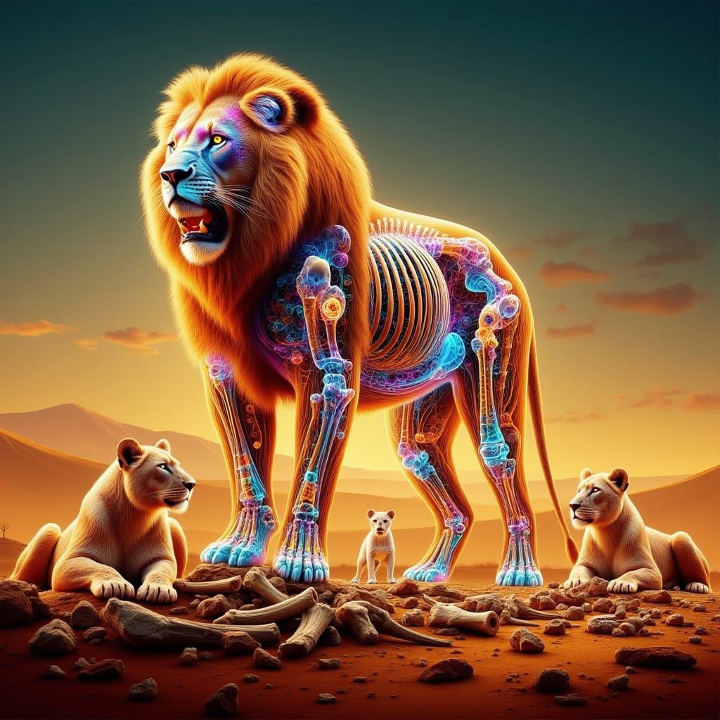 Male Lion with X-Ray Skeleton in Desert Landscape