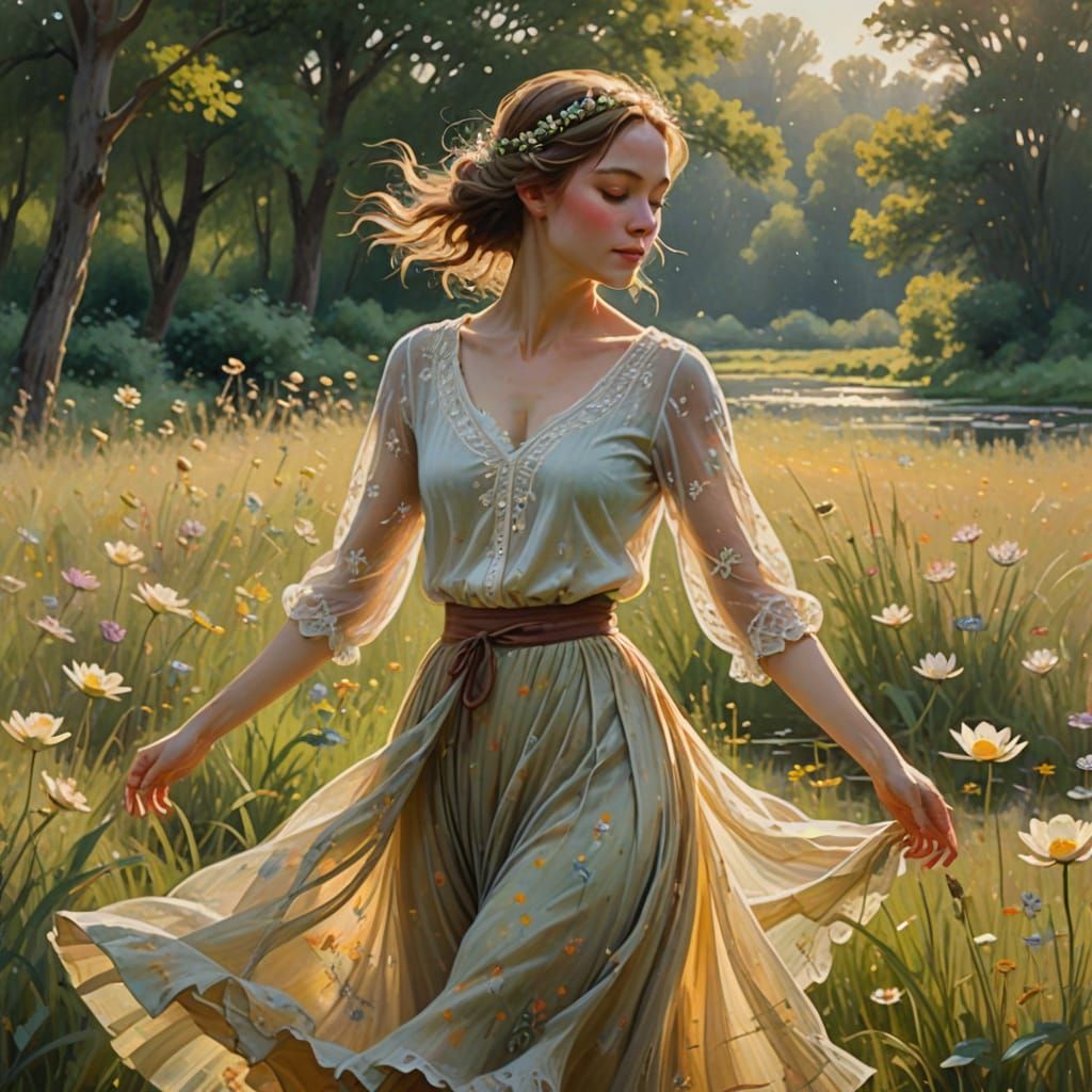 Ethereal Impressionist Woman Dancing in a Sunlit Meadow