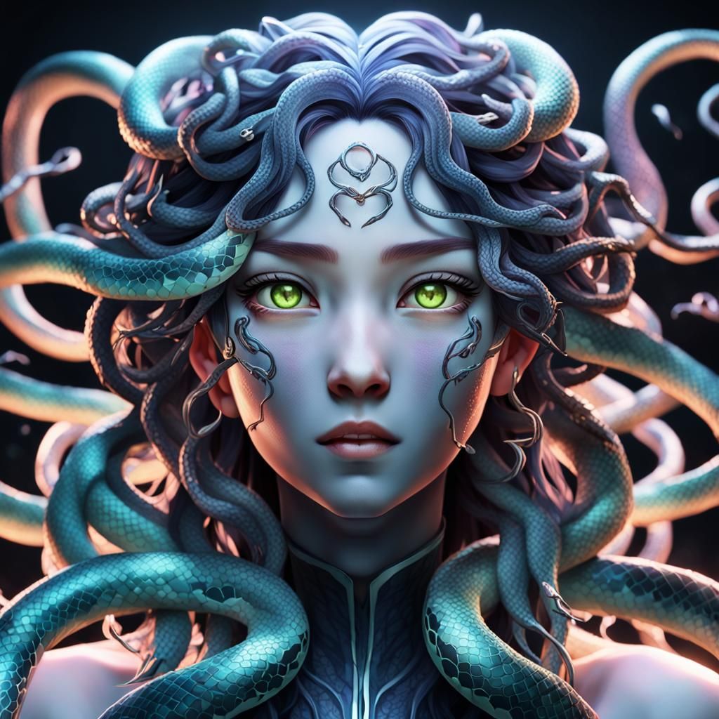 Medusa Portrait with Snakes, Realistic Anime Style