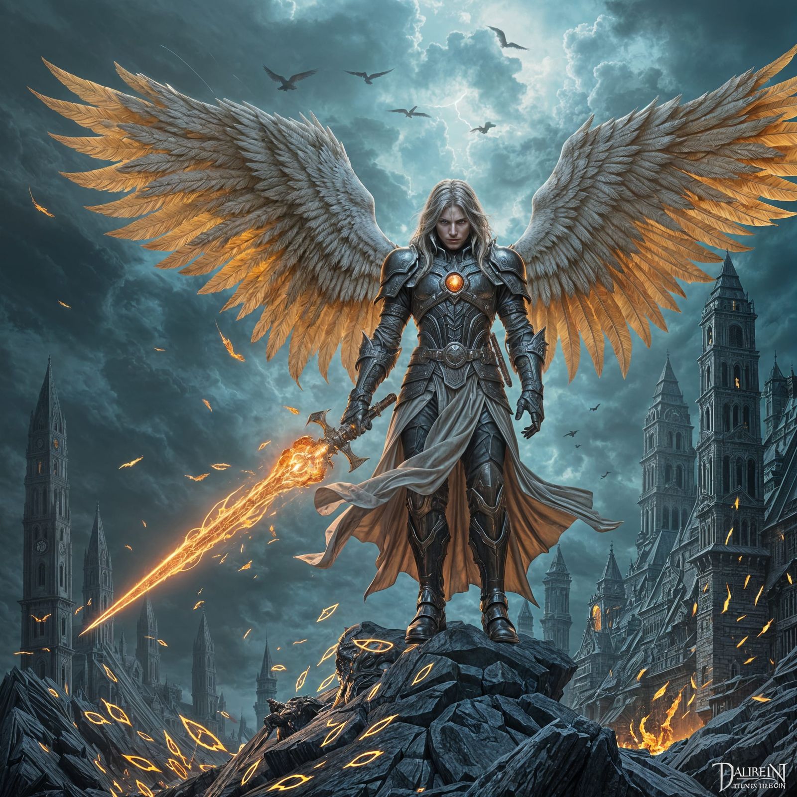 Watcher Angel with Flaming Sword, Dark Fantasy Art