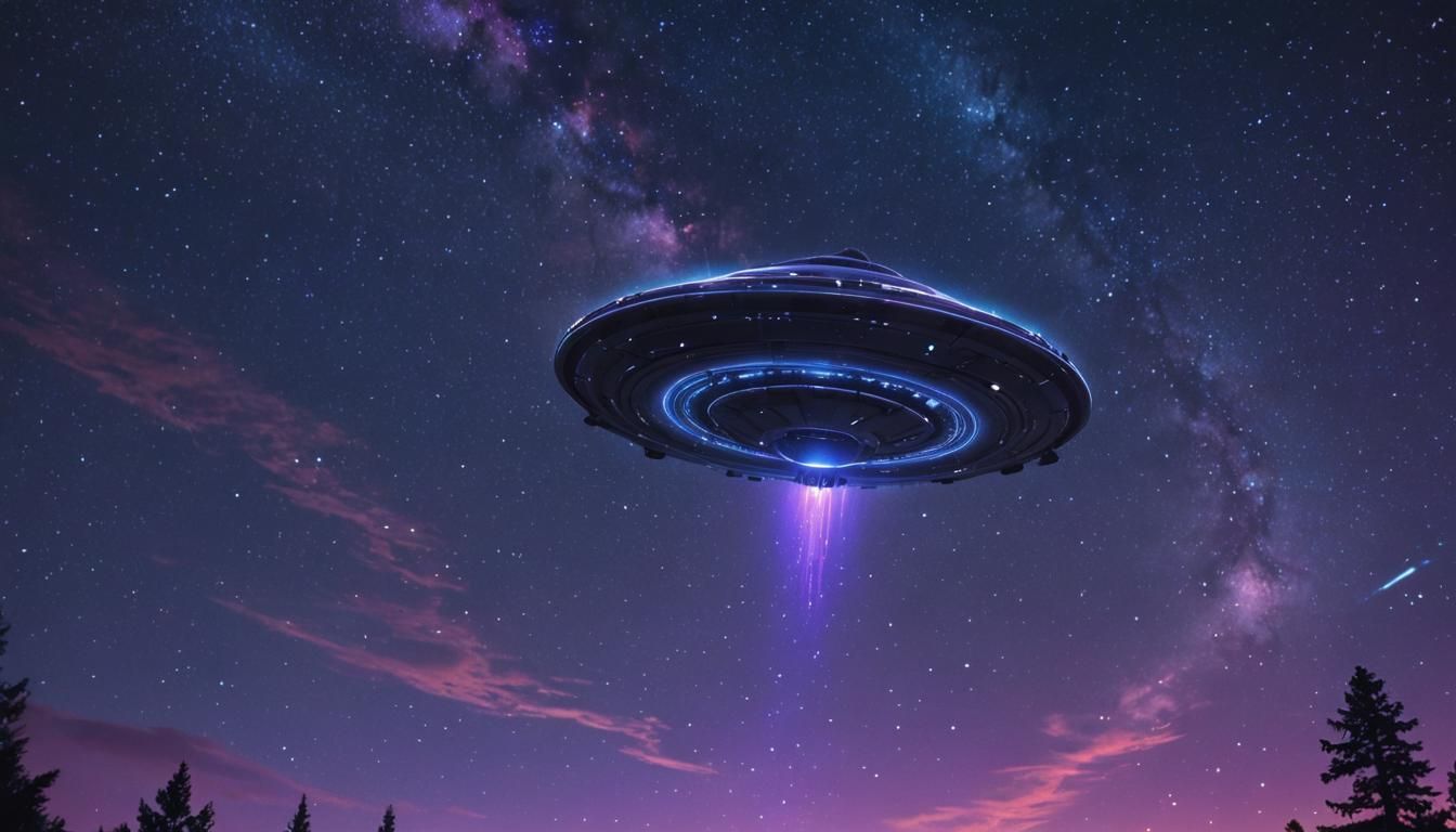 UFO in Neon Starry Night Sky: Digital Art