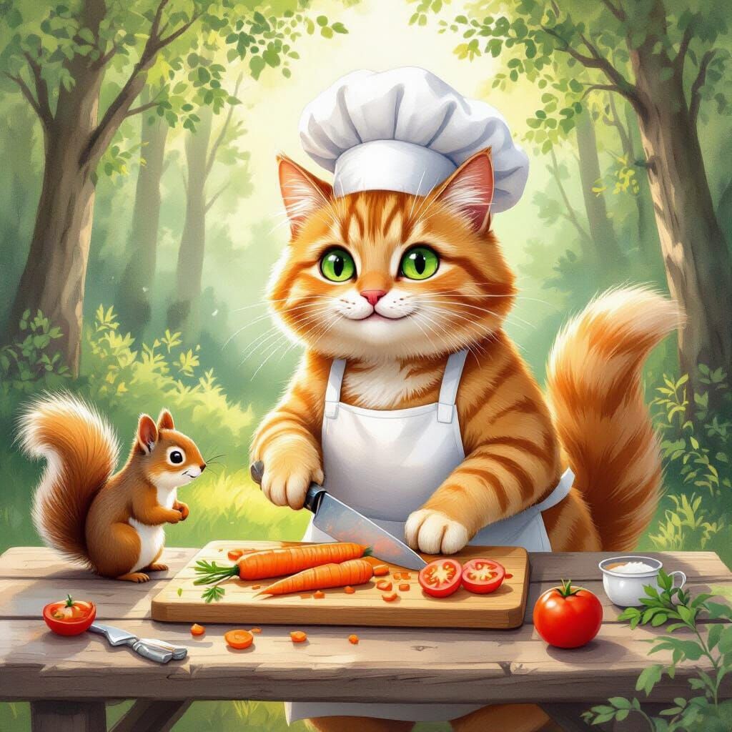 Whimsical Chef Cat Prepares Vegetables, Watercolor Illustrat...