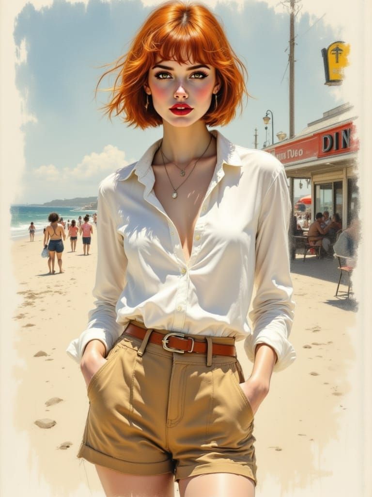 Woman on Beach Boardwalk in Retro Americana Style
