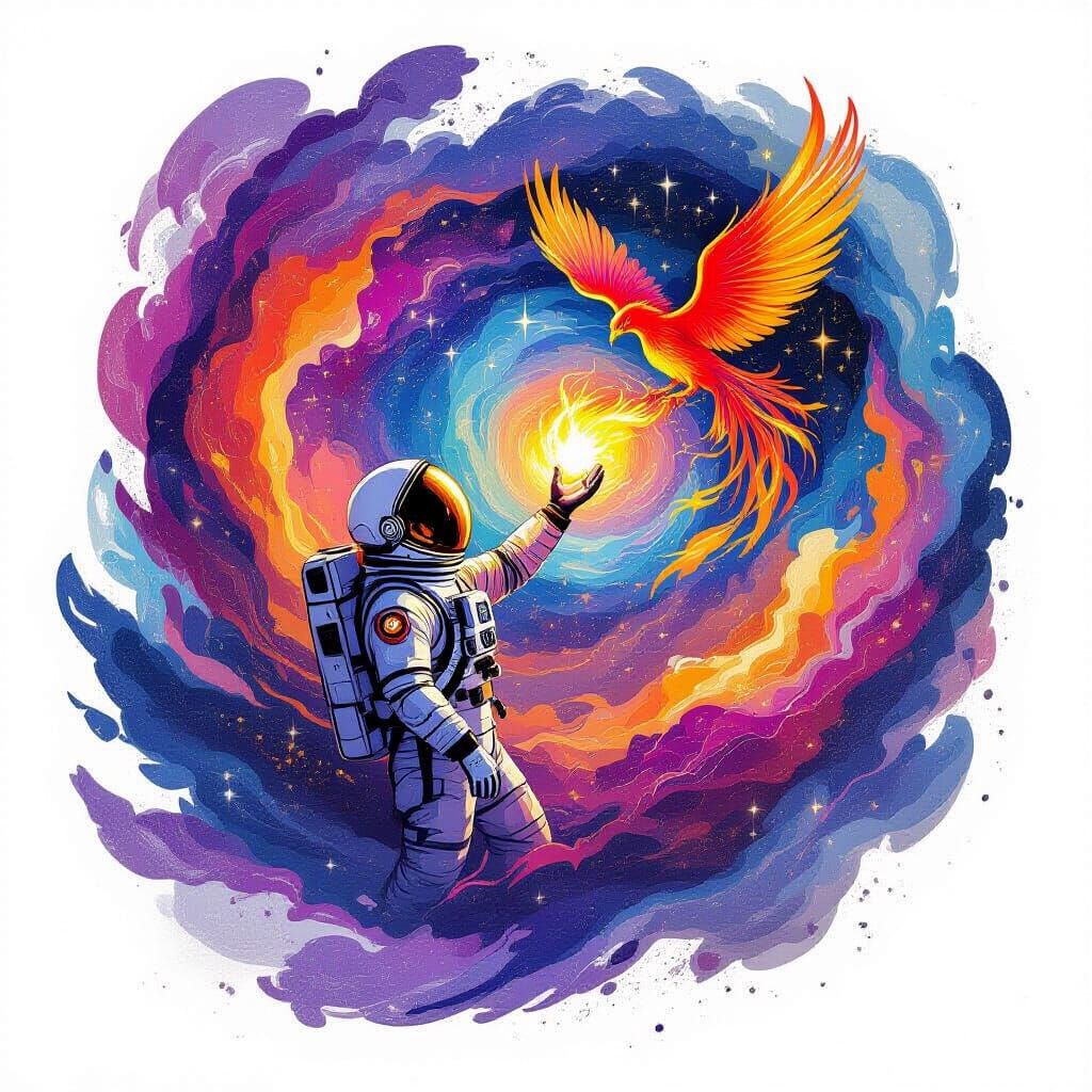 Astronaut Reaches for Cosmic Phoenix in Nebula