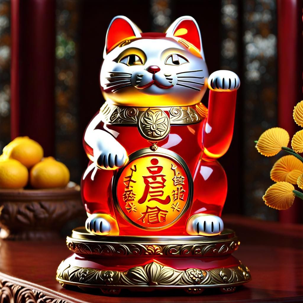 Maneki Neko on Altar with Fruit and Flowers